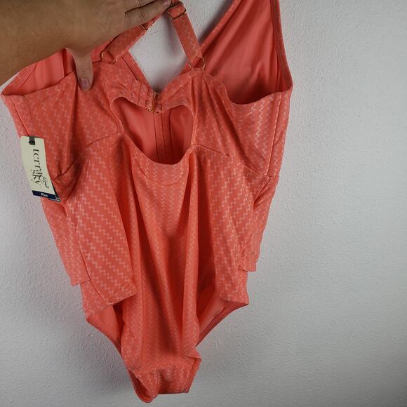 Terra & Sky Women's 1X Plunge Neck One Piece Swimsuit Orange Peach Zig Zag New - Picture 3 of 5